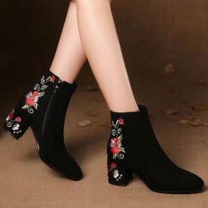 Boots Comemore Women's Ankle Boots High Autumn and Winter Warm Cotton Shoes Women Suede Midheel Embroidered Midtube Booties Woman 40