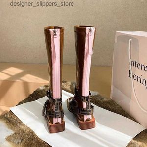 Boots F Family Autumn and Winter New knee length patent leather boots for women with zipper belt buckle high barrel flat bottomed knight boots slimming boots Q240321