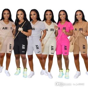 Women Tracksuits Two Pieces Set Designer 2024 New Fashion Printed Slim Fit Pocket Sports Short Sleeve Shorts Sportwear 6 Colours