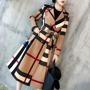 Americano feminino outono e inverno xadrez lapela comprimento médio cor combinando retro trench coat manga longa casaco blusão 240311