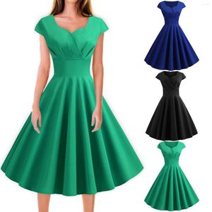 Vestidos casuais vestido de verão mulheres v pescoço grande balanço vintage robe femme elegante retro pin up festa escritório grande