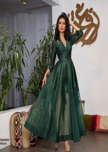 34 Long Sleeve Prom Dresses 2019 Hunter Green Lace Applique Anklelength Dubai Kaftan Long Abendkleider Abiye Evening Party gown7465014