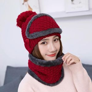 Berets Inverno 3 Pçs / Set Moda Mulheres Lã Chapéu De Malha Engrossado Lã Ca P Com Quente Mouch Capa Pescoço Lenço Snood