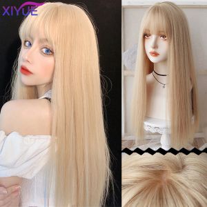 かつらxiyue長い自然波状プラチナブロンドかつらと前髪のコスプレパーティーロリータ女性用耐熱性繊維の合成ウィッグ