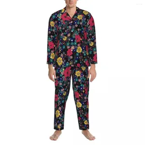 Pijamas masculinos pijamas homens Ditsy floral diário vermelho e amarelo 2 peças soltas pijama conjunto de mangas compridas kawaii oversized casa terno