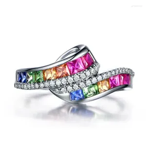 Pierścionki ślubne kolorowy kwadratowy pierścień palca CZ dla kobiet srebrna luksusowa moda moda kobieca stwierdzenie biżuterii