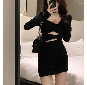 Casual Dresses Black BodyCon Dress Women 2024 Autumn Long Sleeve Short Party Office Lady Pure Color Elegant Vintage Y2K Mini Korean