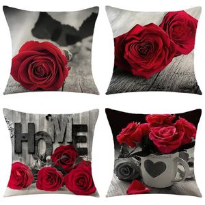 Kissen Rote Rose Kissenbezug Home Dekorativer Bezug Sofa Dekor Leinen Blumen Bedruckte Kissenbezüge Valentinstagsgeschenk