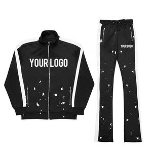 Custom Paint Black Flared Men Tracksuit Streetwear Women Stacked Pants 2 Piece Sets Sweatsuit Set with Pockets