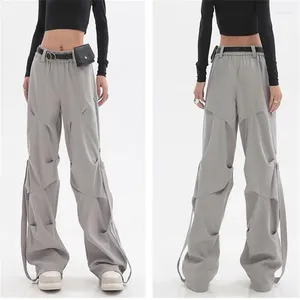 Spodnie damskie Y2K Casual szeroko nogi elastyczna talia Spring Korean Streetwear Ogniarne wysokie joggery szare plisowane spodnie