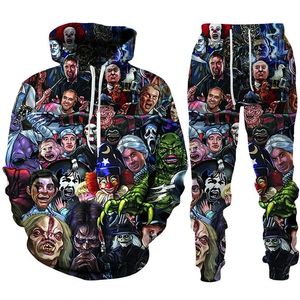 Halloween palhaço 3d impressão com capuz/conjunto figuras de filmes de terror moletom com capuz + calças terno personalidade homem/mulher streetwear roupas