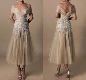 Modest Champagne Tea Length Mothe Dresses Elegant Off Shoulder A Line Backless Appliques Tulle Short Evening Prom Cocktail Gowns Plus Size BC16952