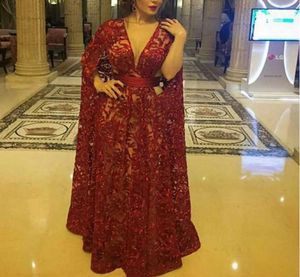 Middle East Celebrity Dresses Burgundy Real Images Guipure Embroidery Lace Kaftan Floor Length with Ruched Waist Band Evening Gown6368464