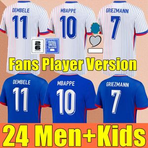 2024 25 Fan Player French Soccer Jerseys Benzema Mbappe Griezmann Saliba Pavard Kante Maillot de Foot Equipe Home Away Kidskit Jersey Football Shirt Home Blue Blue Blue