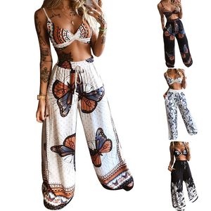 Women Boho Outfits Summer Lady Printed Sleeveless Camis Tops Wide Leg Loose Trousers 2 Piece Set Vetement Femme A40 220511