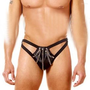 Underpants 2024 Fashion Sexy Male Faux Leather Thong Low Waist Rings Men's Panties Personality Cool Chain