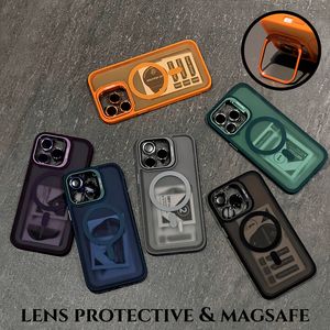 Lente di lusso Anello in metallo Supporto magnetico traslucido per Magsafe Custodia per caricabatterie wireless Fotocamera Vetro antiurto per iPhone 11 12 13 14 15 Pro Max Plus Samsung S24 Ultra