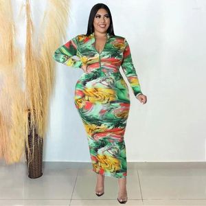 Abiti taglie forti KEXU Abito maxi manica lunga con scollo a O con stampa multicolore per abiti da festa aderenti vintage alla moda