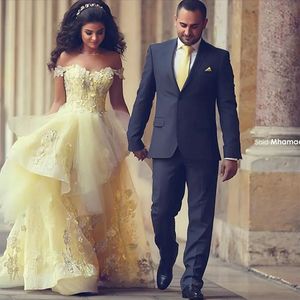 Lindo vestido de casamento amarelo renda uma linha apliques até o chão babado fora do ombro tule vestidos de baile vestidos de noiva