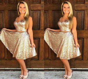 Sexy Rose Gold Sequin Short Prom Dresses V Neck Two Piece Formal Cocktail Party Dresses Cheap Glitter Evening Gowns Knee Length ho8759174