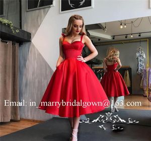 Vintage 1950 -talets retro röd svart prom klänning satin en linje sexig spaghetti rem te längd kort aftonklänning formella festklänningar pocke1739958
