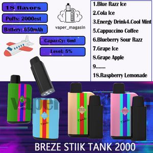 Breze Stiik Tank 2000 Puff Disposable Vape Pen 2% 5% Koncentration 2K Puffs 18 smaker 6 ml Förladdad patron 650mAh Uppladdningsbar elektronisk cigarett