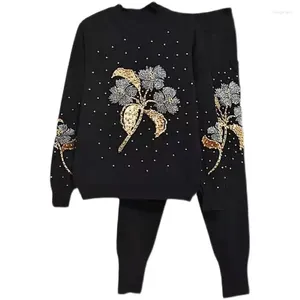 Tracksuits femininos outono duas peças conjunto mulheres pulôver camisola pequenos pés calças casuais beading flores mulheres 2 2024