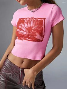 Camiseta feminina com estampa gráfica, top crop de verão para meninas adolescentes manga curta gola redonda slim fit e roupas de menina