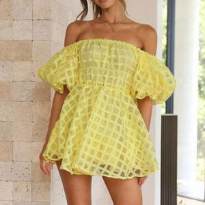 Casual Dresses Women's Dress 2024 Off The Shoulder For Women Short Puff Sleeve A Line Ruffle Plaid Tunic Female Summer