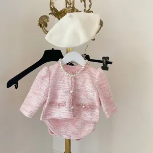 Rompers födda babyflickor Eleganta kläder sätter Coat Romper 2st Cardigan Vintage Infant Toddler Spring Autumn Kids 6-24m