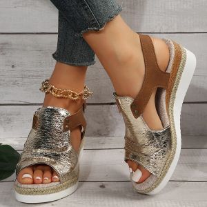 Botlar Piled PU Deri Kama Sandaletleri Kadınlar İçin Sırt Strap Espadriller Platform Sandles Kadın 2023 Yaz Kalın Alt Peep Toe Ayakkabıları