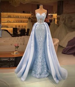 Light Sky Blue 2022 Mermaid Prom Dresses With Detachable Train Lace Appliqued Beaded Evening Wear Formal Party Gowns3795457