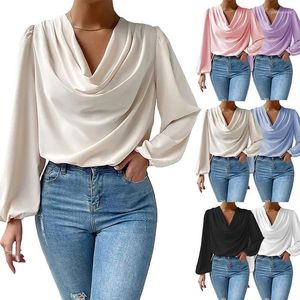 Blusas femininas primavera/verão chiffon solto drapeado com decote em v topo escritório senhora camisa sólida S-XXXL