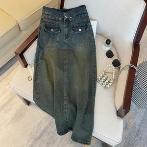 Sommar y2k retro blå jeans lång kjol med slits överlappande hög midja aline lastfickor denim kvinnor streetwear 240321