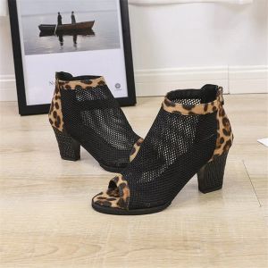 Stövlar kvinnor stövlar mesh mocka ankel stövlar spets 2019 sommarstövlar zapatos chaussures femme dragkedja fyrkantig hög häl leopard kvinnor skor