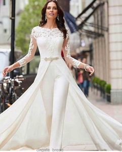 Weiße Overalls Hochzeitskleider Langarm Spitze applizierte Satin -Brautkleider mit abnehmbarem Rock plus Größe Hose Vestidos de Novia