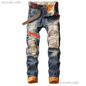 Denim Designer Hole Jeans Högkvalitativ rippad för män Storlek 28-38 40 Autumn Winter Plus Velvet Hip Hop Punk Streetwear Trousers 577