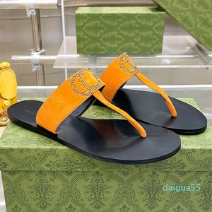 Strass Designer Damen Hausschuhe Flip Flops Klassische Doppelbuchstaben Mode Wildleder Flache Sandalen Hochwertiges Leder Runde Zehen Lässige Abnutzung