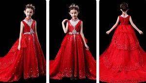 Dolce rosso paillettes/tulle senza maniche perline Abiti da compleanno per ragazza Abito da ragazza di fiori Abiti da spettacolo per ragazza Gonna da festa per ragazza Gonna per ragazza personalizzata SZ 2-12 D321059