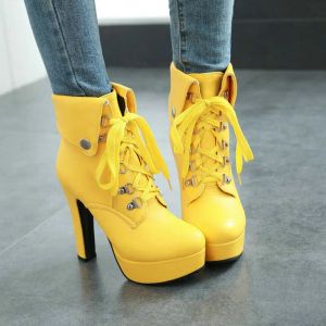 Boots 2020 Platform Square High Heel Women Ankle Boots Fashion Cross Tied Women Short Boots Autumn Winter Lace Up Women Booties