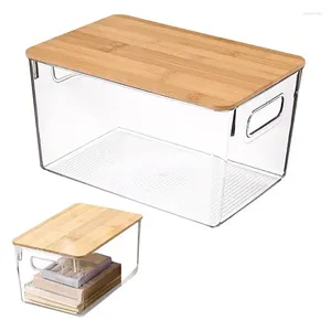 Garrafas de armazenamento claras caixas de cozinha jóias cosméticos geladeira organizador caixa tampa de madeira empilhável para livro armário eletrônico