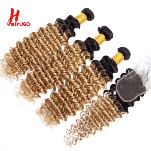 Wigs HairUGo T1B27 Deep Wave Human Hair Bundles With Closure Remy PreColored 4x4 Lace Closure With Bundle Hair Weaving Bundle Pack