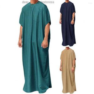 Erkek t gömlekler vintage v yaka kısa kollu erkekler cüppeler kaftan müslüman arap İslami düz renk gevşek cepler retro coble geleneksel giysiler