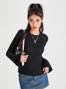 Kvinnors tröjor Kvinnor går ut långärmad toppar Ribbed Bell Cuffs Söt skjorta Blus Crewneck Knit tröja topp