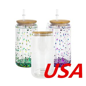 Armazém local Sublimação 16 onças copo de globo de neve copos de vidro de parede dupla com tampas de bambu para vinil UV DTF adesivo Summer Drinkware Mason Jar copos para beber