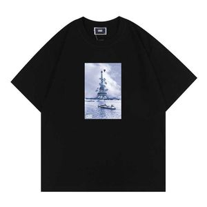 Projektant Kitt Floral Navy Eiffel Tee Tower Print T-Shirt Mens i damskie krótkie rękawy