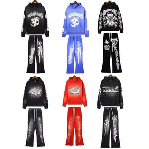 High Version Hoodie Set for Men's Hell Star High Street Retro tvättade Old Print Hooded Pure Cotton Löst montering Hoodie Hoodie Men's Sanitary Pants Set