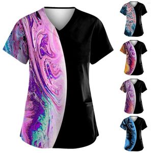 Women's T Shirts Fashion V-neck T-Shirts Short Sleeved Workwear With Pockets Simple Printed Slim-Type Outdoor Pullover Ropa Mujer