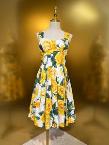 100% Cotton Yellow Rose Flower Printing Dress Summer Women Party Holiday Camisole Elegant Lady Sliming