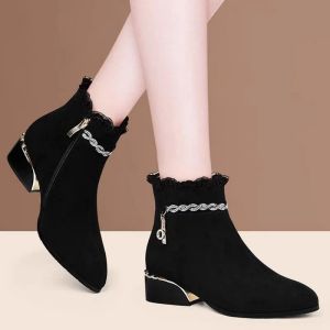 Boots FHANCHU Fashion Women Flock Ankle Boots,Mid Heeels Winter Shoes,Lace Short Botas,Round Toe,Side Zip,Black,Dropship